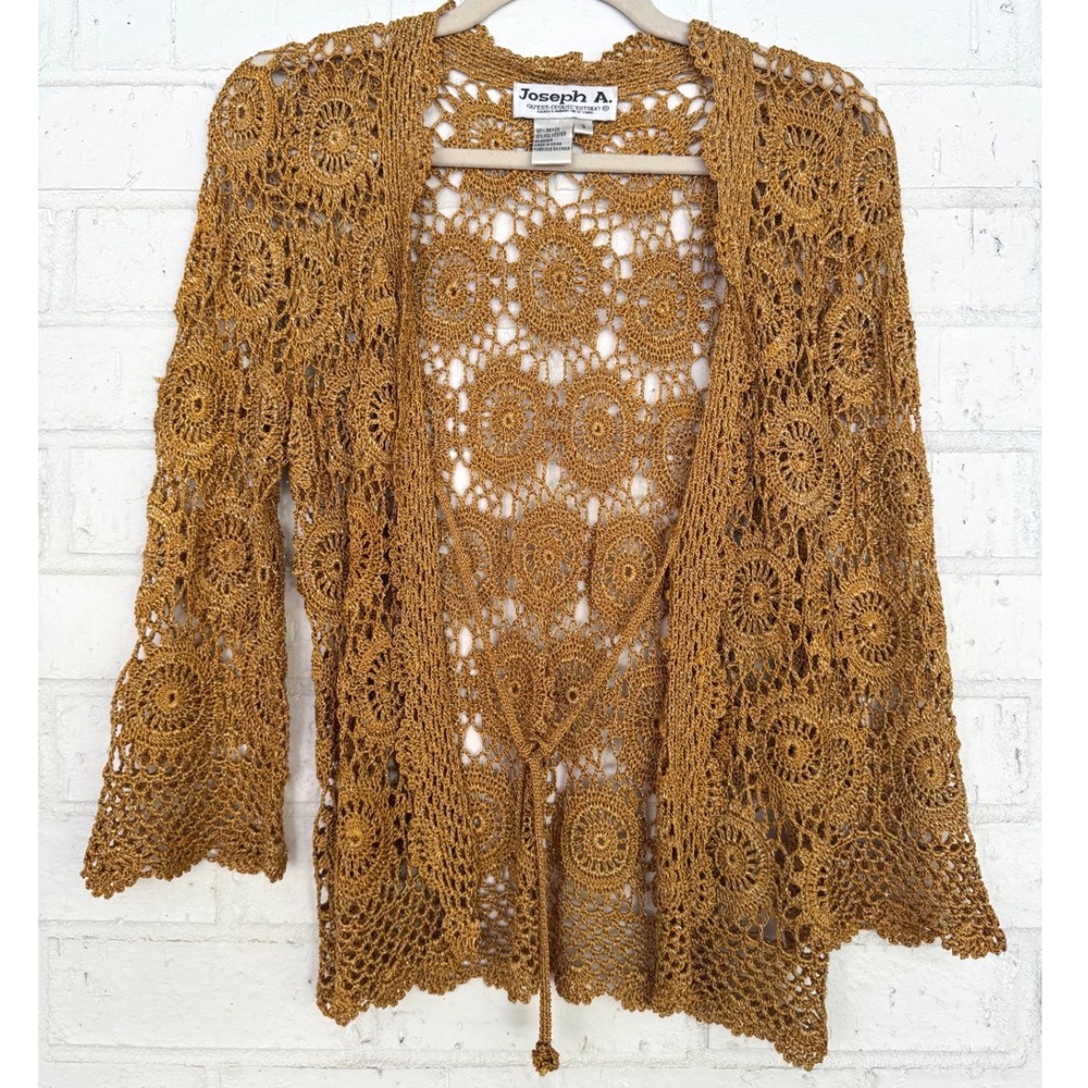 Y2K Joseph A Crochet Cardigan Gold Metallic Boho Chic Open Knit Size Small